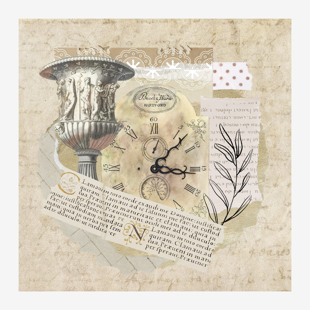 Collage carré montrant une urne gréco-romaine, un cadran d'horloge avec chiffres romains, une feuille stylisée et des.