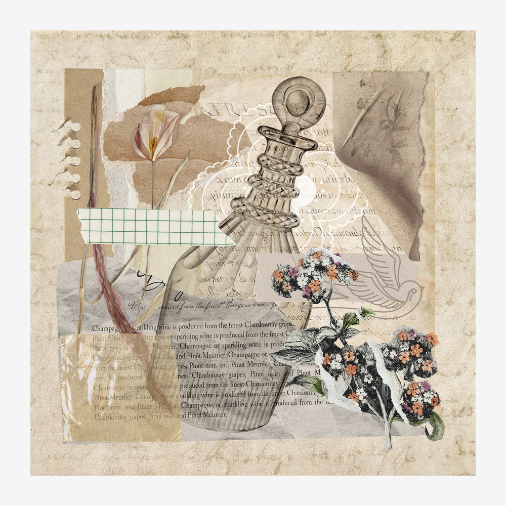 Collage carré aux tonalités beige et terracotta montrant des fleurs colorées, du texte ancien, un vase dessiné et des formes.