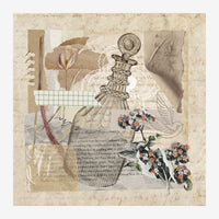 Collage carré aux tonalités beige et terracotta montrant des fleurs colorées, du texte ancien, un vase dessiné et des formes.