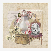 Collage vintage montrant un pichet blanc avec roses, un buste antique sur chaise velours, une corbeille de fleurs, sur fond.