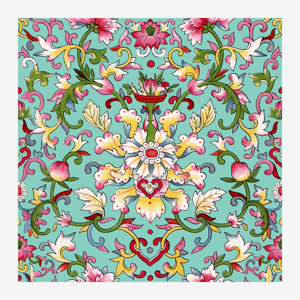 Motif carré symétrique représentant un mandala floral psychédélique avec des fleurs roses, jaunes et blanches aux pétales.