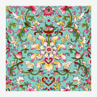 Motif carré symétrique représentant un mandala floral psychédélique avec des fleurs roses, jaunes et blanches aux pétales.