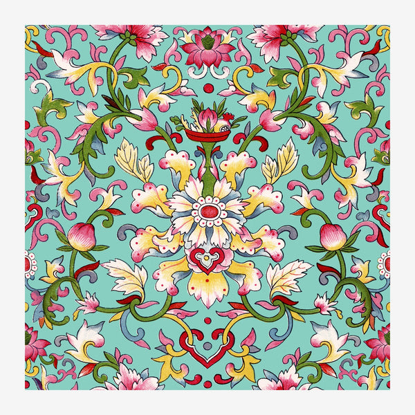 Motif carré symétrique représentant un mandala floral psychédélique avec des fleurs roses, jaunes et blanches aux pétales.