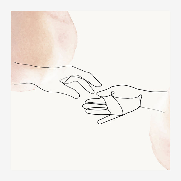 Deux mains dessinées au trait fin, l'une au-dessus de l'autre, sur un fond beige orné de taches d'aquarelle terracotta.