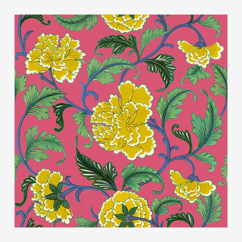 Affiche avec des fleurs jaune et blanc stylisées sur un fond rose, entourées de feuilles vertes et de tiges bleu foncé, dans.