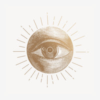 Illustration d'un œil encadré dans un cercle, entouré de rayons solaires, dessinée aux traits fins en beige doré sur fond.