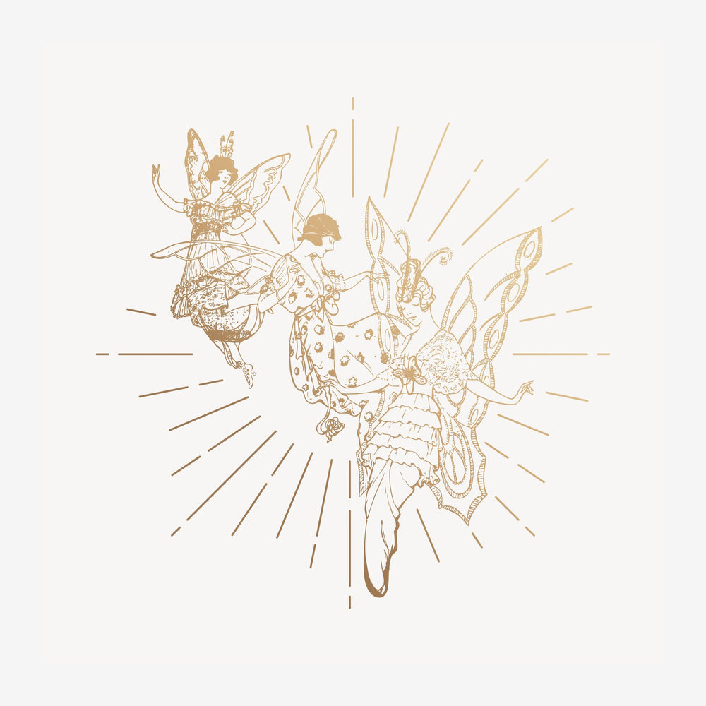 Illustration en line art minimaliste montrant trois créatures ailées et des fleurs entrelacées, avec des traits fins en.