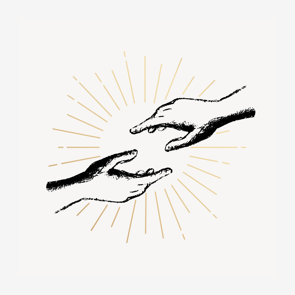 Deux mains qui se rejoignent dessinées au trait noir, entourées d'un halo de traits dorés rayonnant vers l'extérieur, sur.
