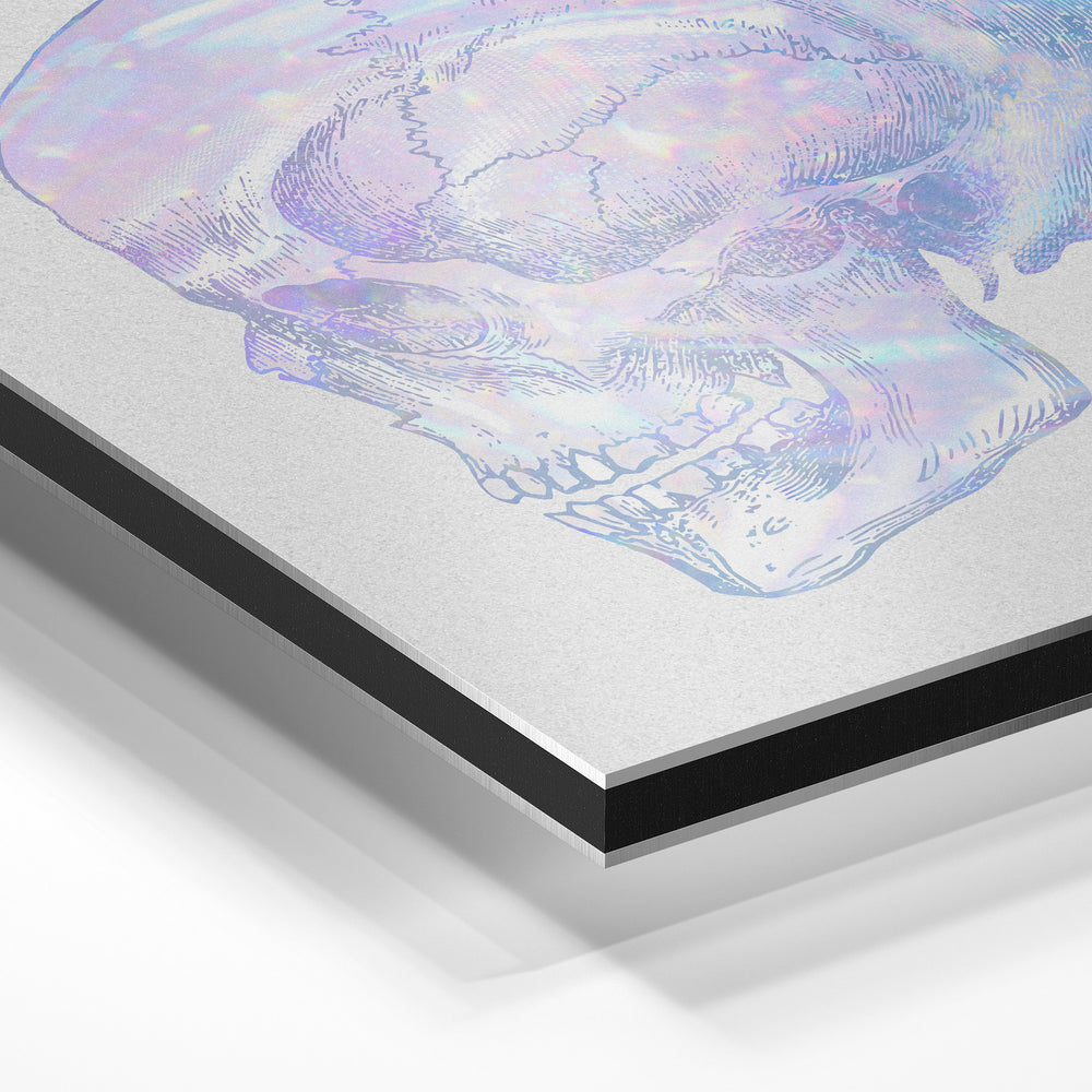 Gros plan de la matière : le tirage contrecollé sur aluminium Dibond mat, tranche visible.