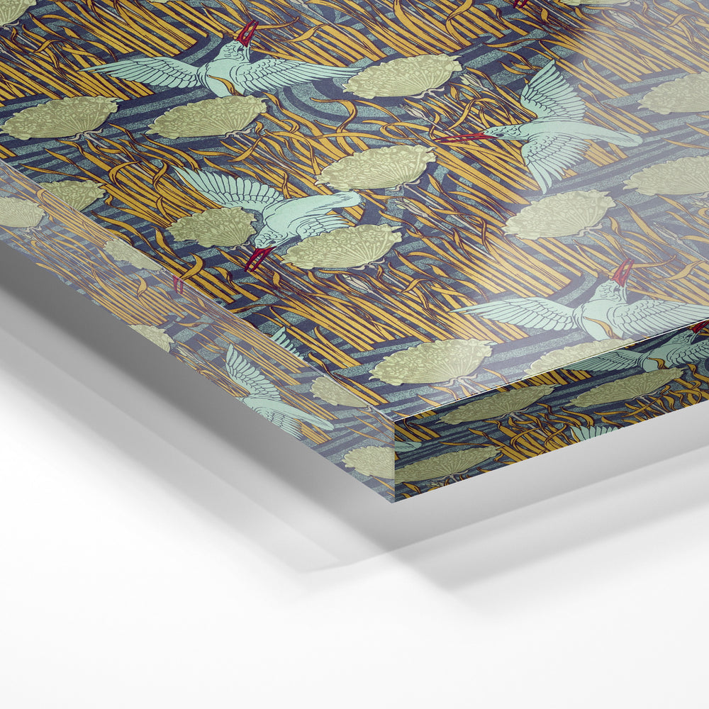 Gros plan de la matière : le tirage sous verre acrylique, tranche transparente visible.