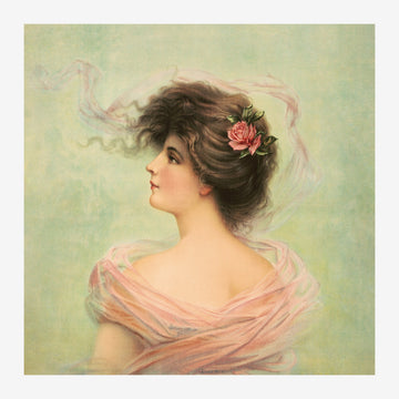 Portrait femme rose et vert pastel, style vintage