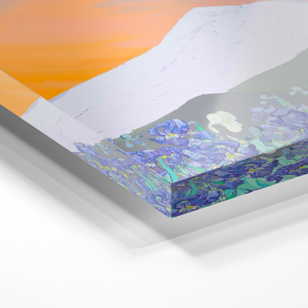 Gros plan de la matière : le tirage sous verre acrylique, tranche transparente visible.