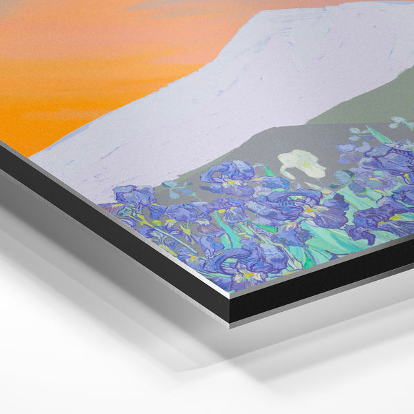 Montagne blanche et champ d'iris bleus botanique — Aluminium Dibond