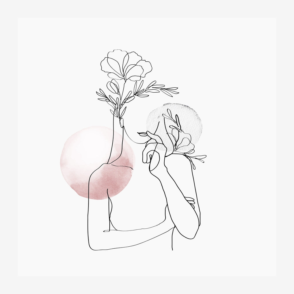Deux silhouettes féminines tracées à la ligne noire tiennent des fleurs délicates, avec des taches aquarellées rose poudré.
