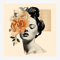 Collage pop art : portrait en profil d'une femme aux yeux fermés en noir et blanc, avec un ensemble de fleurs beiges et.