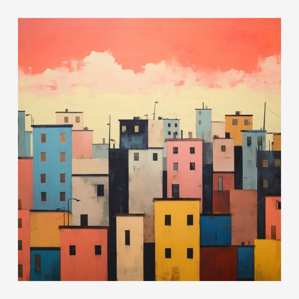 Illustration stylisée d'une skyline urbaine avec des immeubles aux façades colorées en bleu, corail, jaune et noir, sous un.