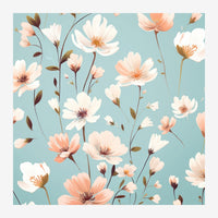 Affiche représentant des fleurs blanches, roses et pêche aux centres orangés, avec des boutons et des feuilles brunes, sur.