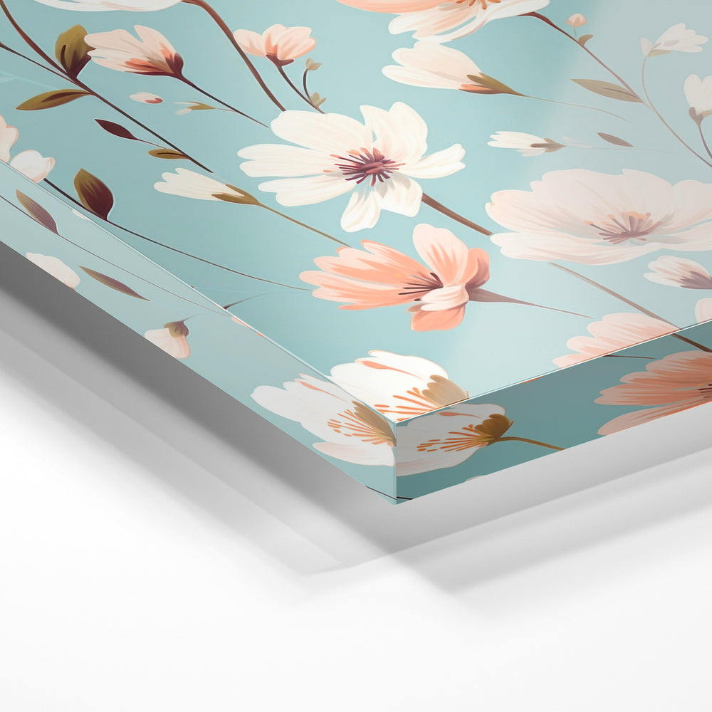 Gros plan de la matière : le tirage sous verre acrylique, tranche transparente visible.