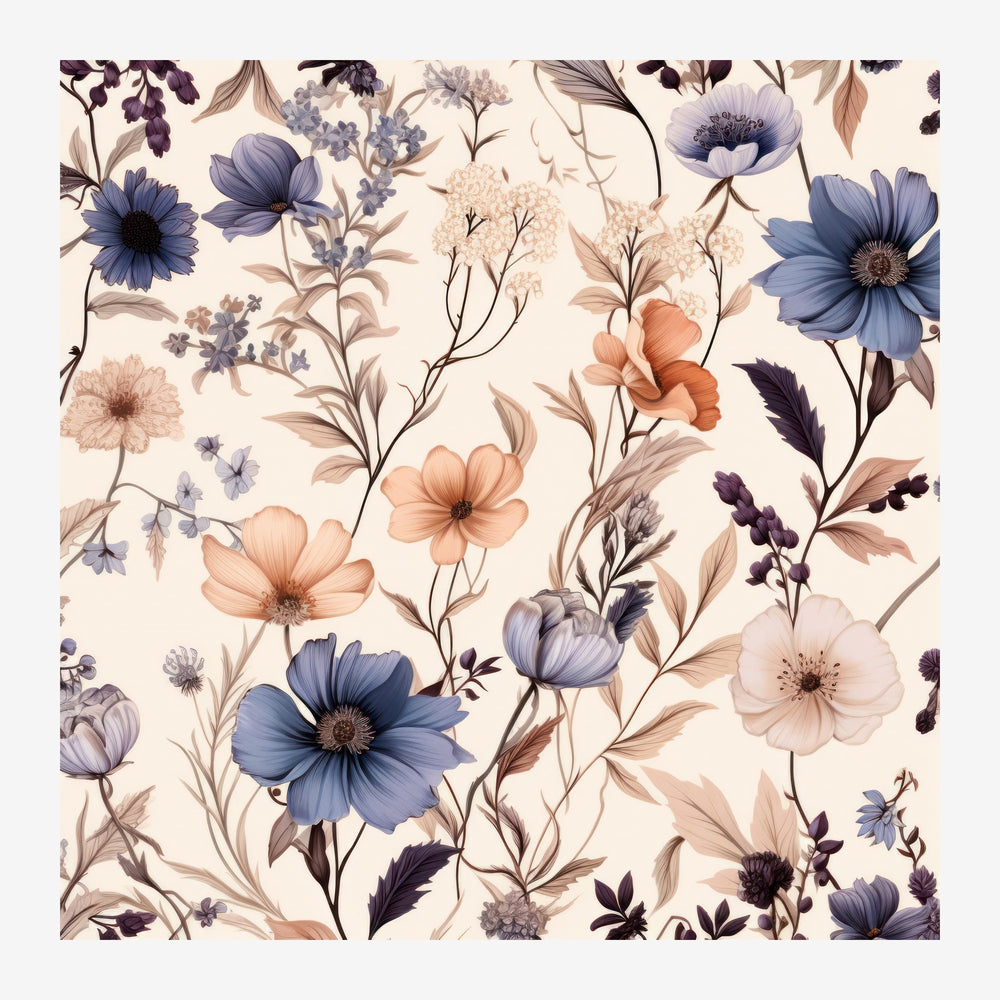 Motif floral densément composé avec fleurs bleues, roses corail et blanches aux feuillages bruns sur fond beige clair.