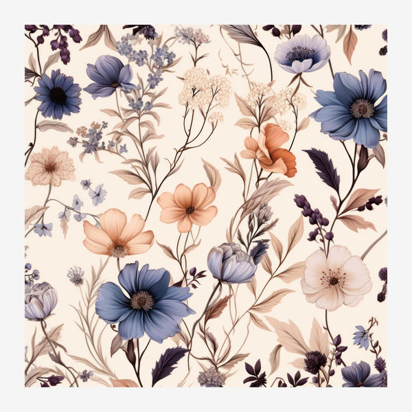 Motif floral densément composé avec fleurs bleues, roses corail et blanches aux feuillages bruns sur fond beige clair.