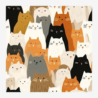 Composition illustrée montrant une multitude de chats dessinés en style simple et coloré, aux teintes beige, orange, gris et.