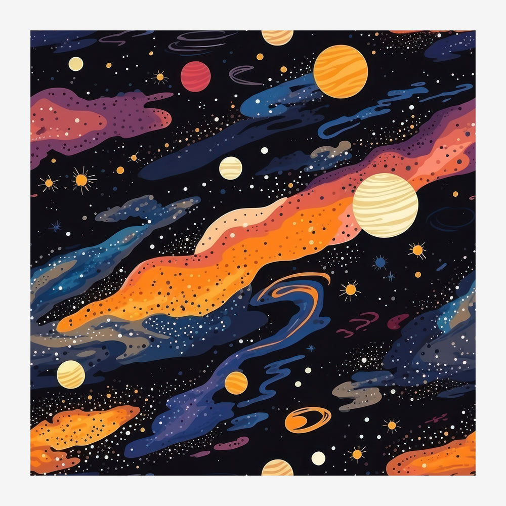 Affiche représentant un univers abstrait avec des vagues fluides orange, bleu et noir entrecroisées sur un fond d'espace.