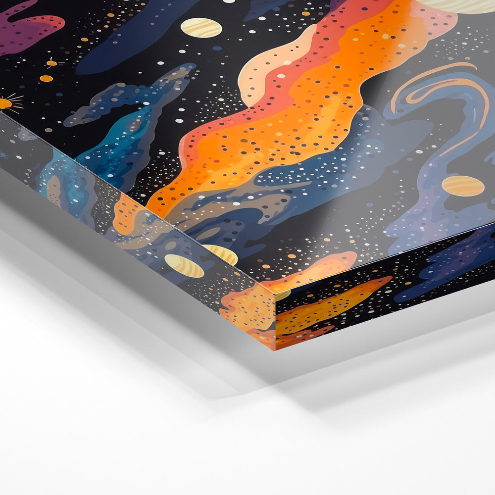 Gros plan de la matière : le tirage sous verre acrylique, tranche transparente visible.