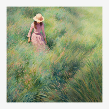 Femme en rose dans les hautes herbes vertes