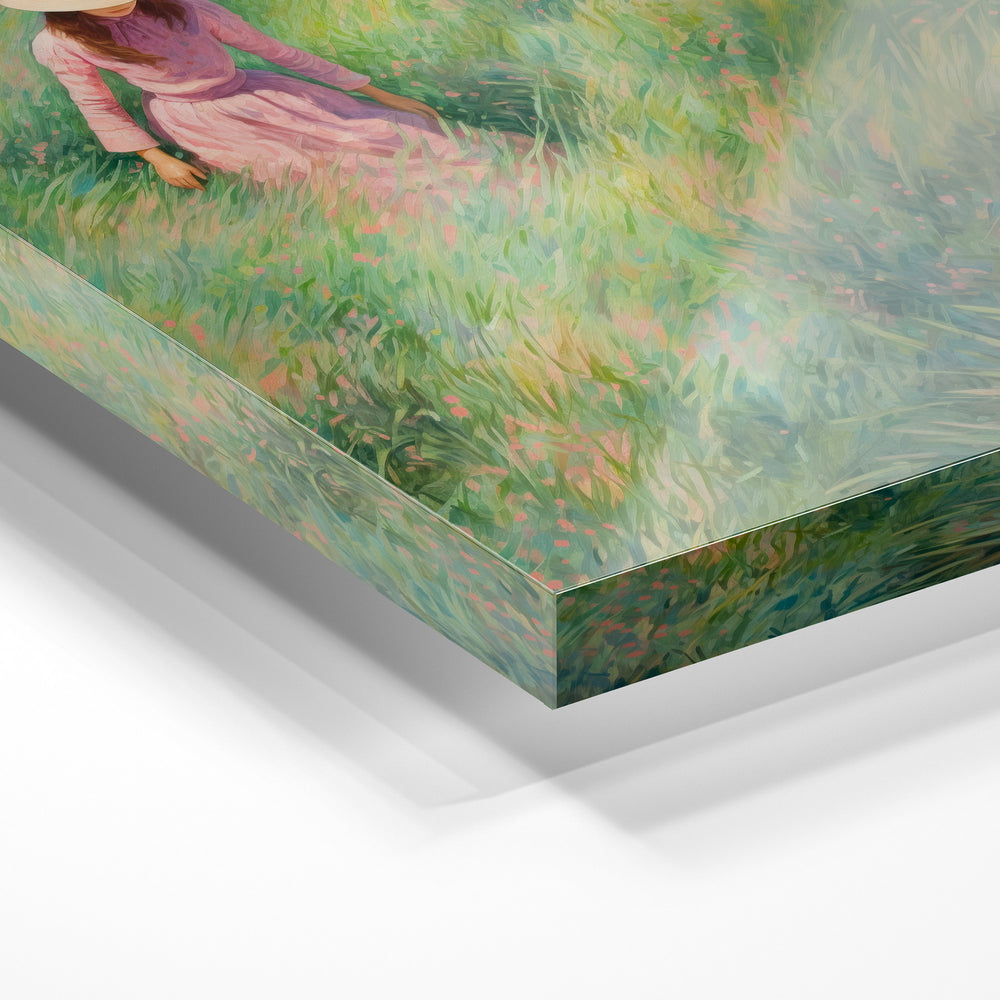 Gros plan de la matière : le tirage sous verre acrylique, tranche transparente visible.