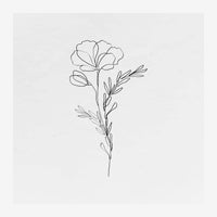 Dessin au trait d'une fleur épanouie avec pétales arrondis, accompagnée d'une tige mince et de feuillage stylisé, sur fond.