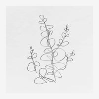 Dessin au trait minimaliste d'une branche d'eucalyptus avec feuilles arrondies sur fond blanc, style line art épuré.