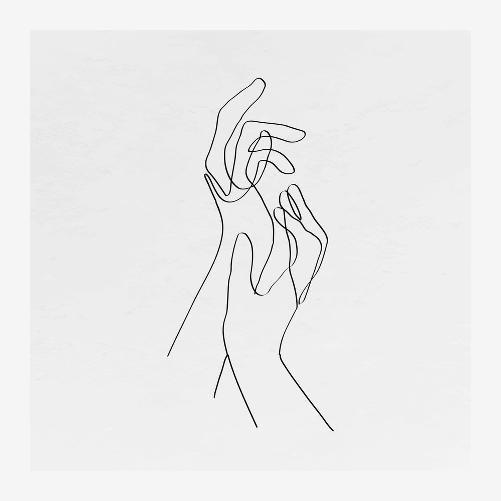 Deux mains esquissées au trait fin en noir sur fond blanc, se touchant légèrement dans un geste minimaliste.