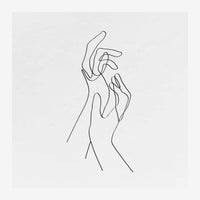 Deux mains esquissées au trait fin en noir sur fond blanc, se touchant légèrement dans un geste minimaliste.