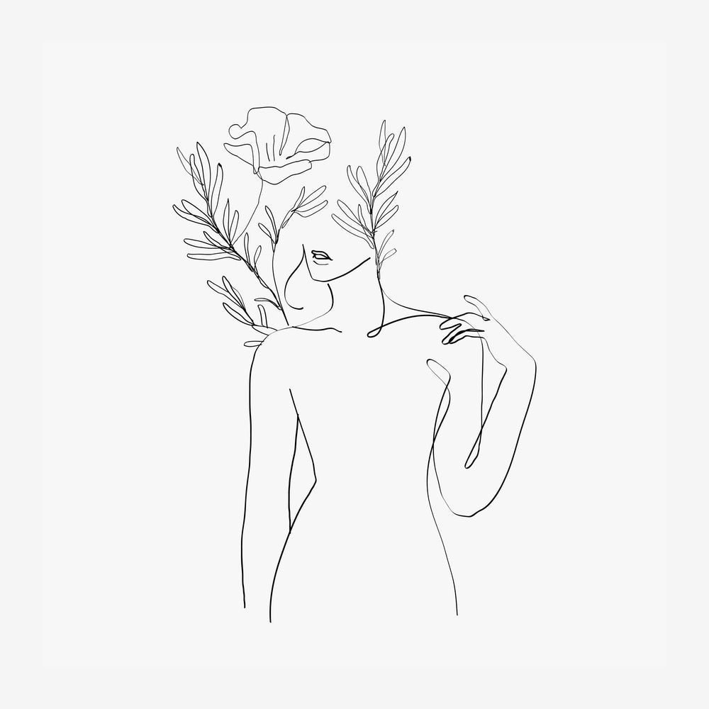 Silhouette minimaliste en trait continu d'une femme dont la tête se transforme en branches feuillues avec une fleur.