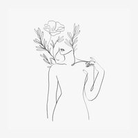 Silhouette minimaliste en trait continu d'une femme dont la tête se transforme en branches feuillues avec une fleur.