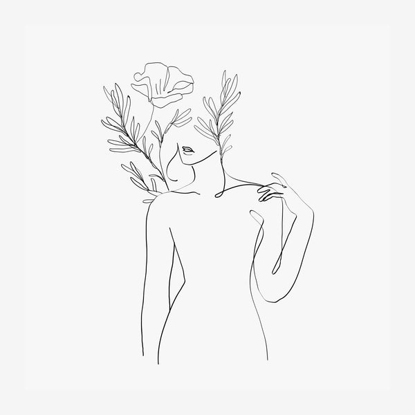Silhouette minimaliste en trait continu d'une femme dont la tête se transforme en branches feuillues avec une fleur.
