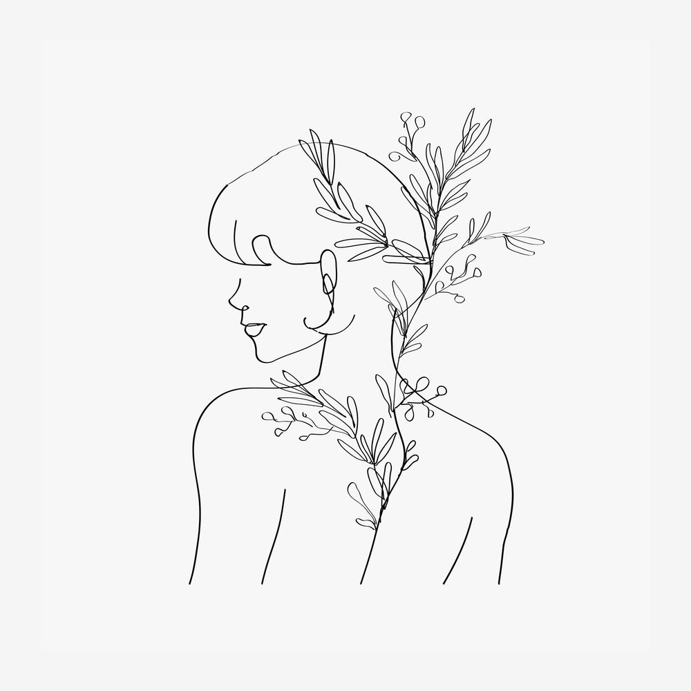 Dessin au trait d'un profil féminin avec des branches et des feuilles stylisées émergeant de la tête et du cou, sur fond.