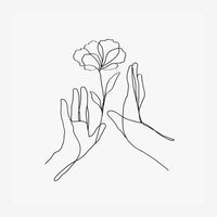 Deux mains en trait continu présentant une fleur à pétales sur un fond blanc, dessin au style line art minimaliste.