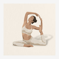 Illustration minimaliste d'une femme assise en posture de yoga latérale, vêtue de blanc crème, aux teintes beige et marron.