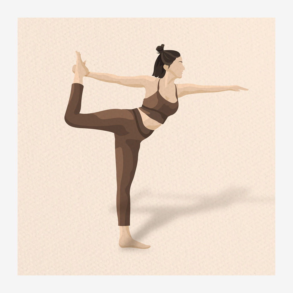Silhouette d'une femme en posture de yoga, équilibrée sur une jambe, les bras tendus, sur fond beige clair avec teintes.