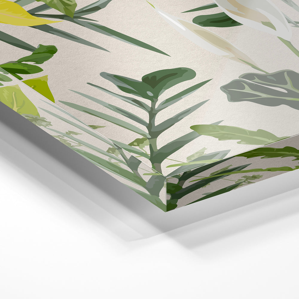 Gros plan de la matière : le tirage sous verre acrylique, tranche transparente visible.