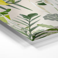 Gros plan de la matière : le tirage sous verre acrylique, tranche transparente visible.