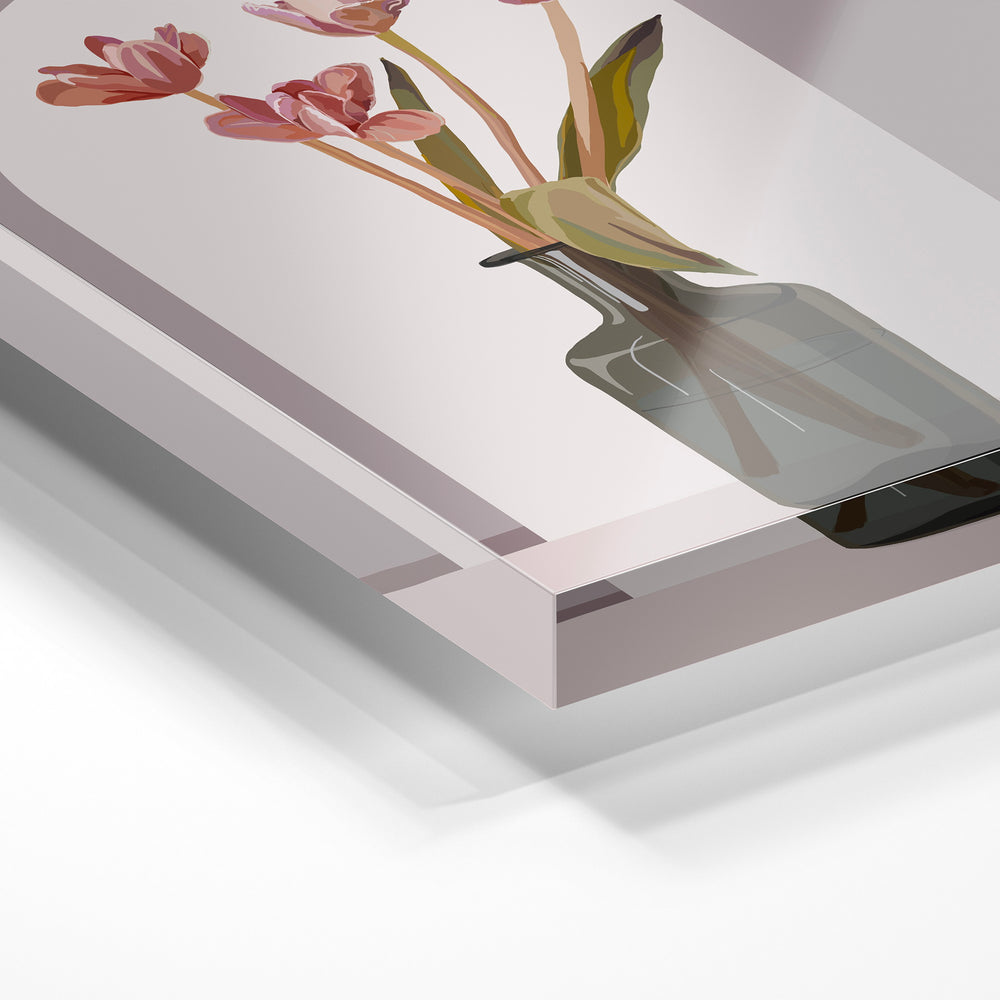 Gros plan de la matière : le tirage sous verre acrylique, tranche transparente visible.