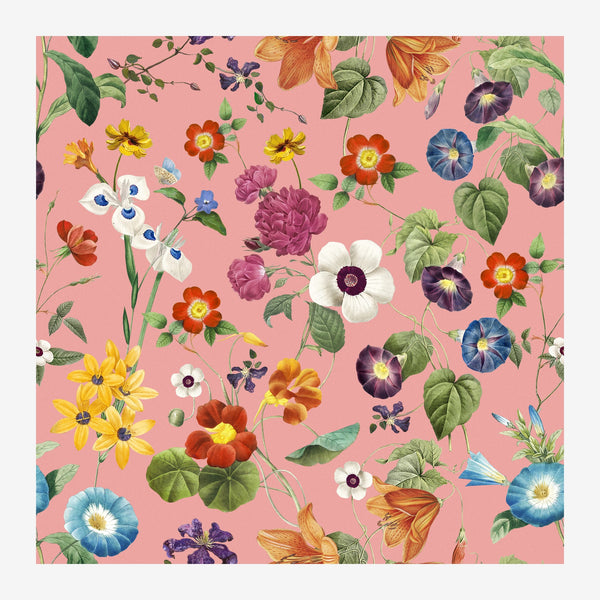 Composition florale dense avec dahlias pourpres, fleurs blanches, jaunes et rouges, pivoines et petunias sur fond rose.