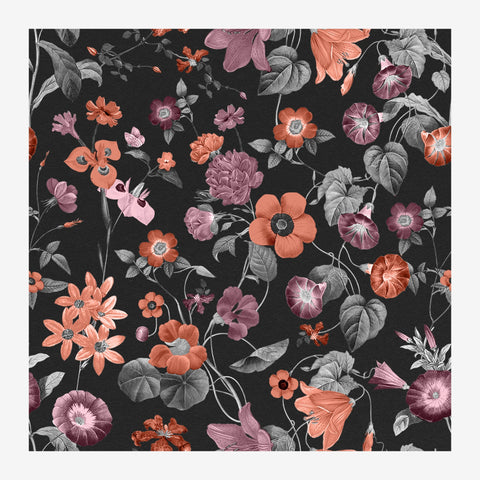 Fleurs corail et rose, style botanique noir