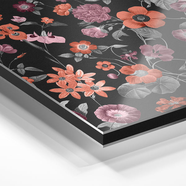 Fleurs corail et rose, style botanique noir — Aluminium Dibond relief 3D