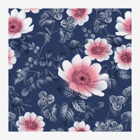 Motif floral répétitif avec des fleurs roses et blanches aux détails de cœur, accompagnées de feuilles grises, sur un fond.