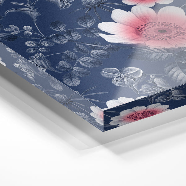 Fleurs rose et blanc, botanique bleu nuit — Verre acrylique