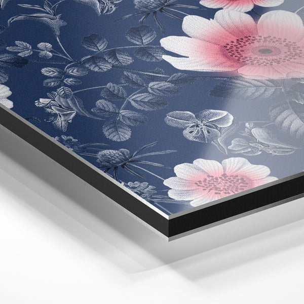 Fleurs rose et blanc, botanique bleu nuit — Aluminium Dibond relief 3D