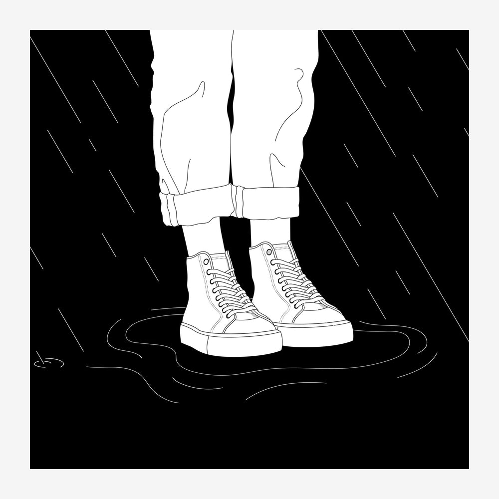 Dessin au trait noir et blanc montrant les jambes et les pieds d'une personne portant des baskets blanches sous une pluie.